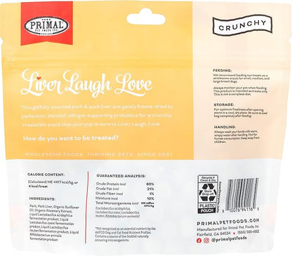 Primal Freeze Dried Dog Treats; Pork Liver Dog Treats with Probiotics for Dogs; Liver, Laugh, Love; Crunchy Grain Free Training Treats for Dogs, 1.5 oz