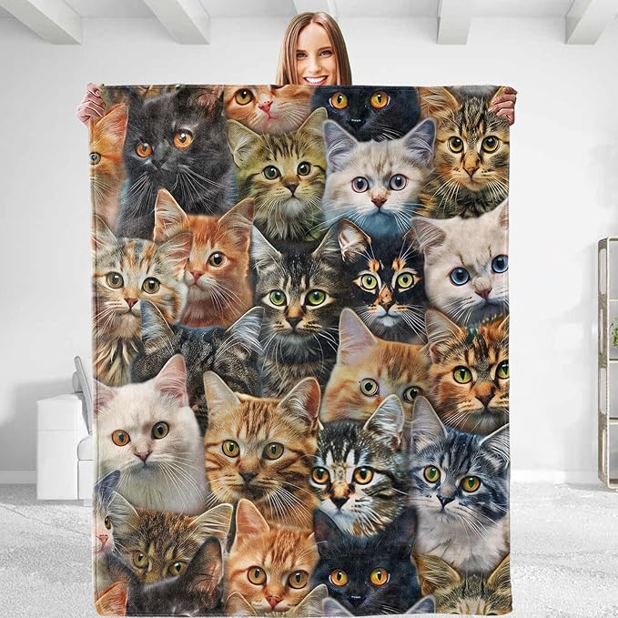 Funny Cats Throw Blanket - Soft Plush Flannel Blanket, Lightweight, Comfy, Warm, Fuzzy, Anti-Pilling for Sofa, Bedroom, Bed, Outdoor Blanket for Men Boy 50in×40in
