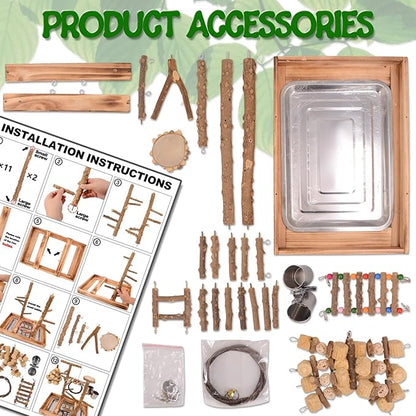 Bird Playground - Natural Wood Bird Perch Stand with Removable Tray and 2 Stainless Steel Cups