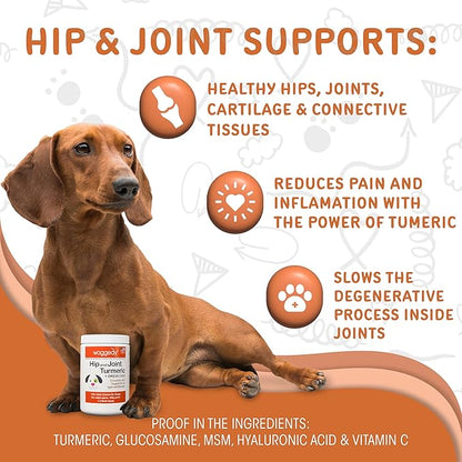 waggedy Hip and Joint Turmeric  Complete Dog Supplements for Joints with Glucosamine, MSM, HA & Omega Fatty Acids  Daily Glucosamine for Dogs to Improve Flexibility & Mobility (120 Dog Chews)