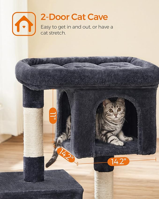 Feandrea Cat Tree, 33.1-Inch Cat Tower, L, Cat Condo for Large Cats up to 16 lb, Large Cat Perch, 2 Cat Caves, Scratching Post, Smoky Gray UPCT61G