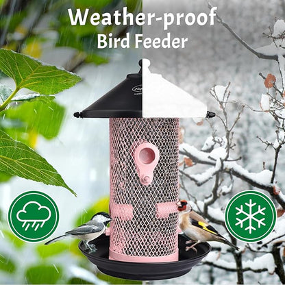 Happy Wings Hanging Metal Mesh Tube Bird Feeder for Wild Birds- Pink I 4 Metal Perches I Durable & Heavy -Duty I Weatherproof, Completely Removable Finch Bird Feeder for Balcony - 2 Lb Capacity