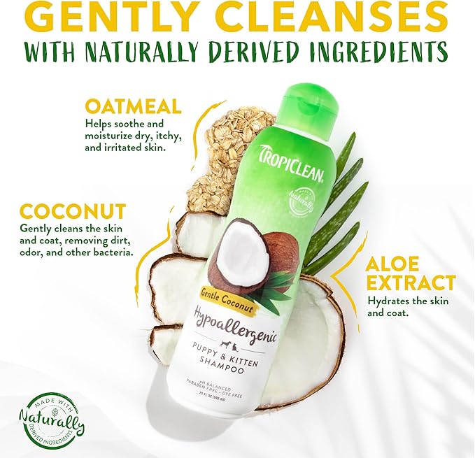 TropiClean Gentle Puppy Shampoo, Dog Shampoo for Allergies & Sensitive Skin, Made in USA, Gentle Coconut Scent, Safe for Cats & Kittens, 20oz