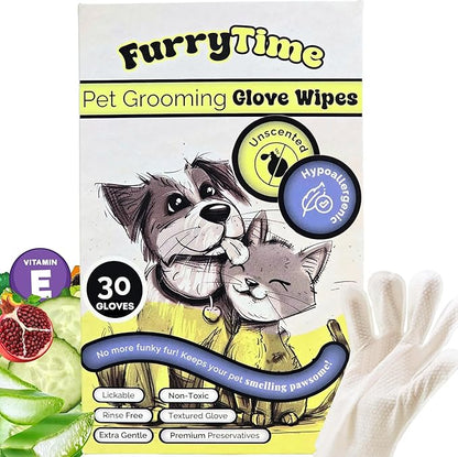 FURRYTIME Pet Cleaning Glove Wipes for Dogs & Cats, 30 Gloves, Hypoallergenic Pet Wipes Disposable No-Rinse Grooming, Extra Thick Bathing Wipes, Pet Dry Cleaning Paws, Coat, Ears, Eye Area, Butt