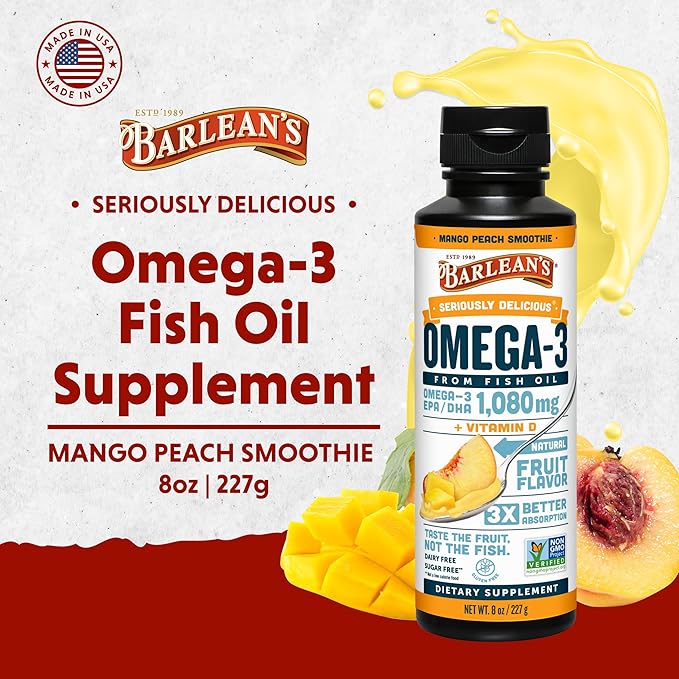 Barlean's Mango Peach Omega 3 Fish Oil Supplements - 1080mg of EPA/DHA, 600 IU Vitamin D3 for Brain, Heart, Joint, & Immune Health - Non GMO, Gluten Free, All-Natural Fruit Smoothie - 8-Ounce