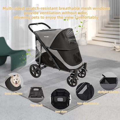 Dog Stroller for Medium/Large Dogs One-Click Folding 4 Wheel Pet Stroller Foldable Dog Stroller for 2 Dogs Jogger Stroller with Storage Pocket Suitable for Pets Up to 110LBS (Black&Grey)