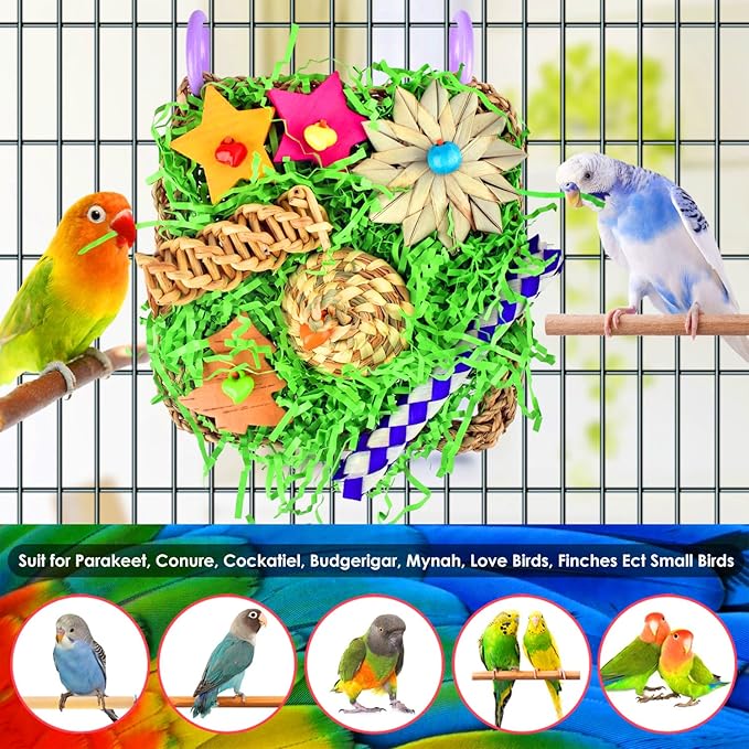 KATUMO Bird Toys, Parakeet Grass Mat Toys Parrot Foraging Shredding Entertainments for Cockatiel Conure Lovebird Parakeet Small to Medium Birds