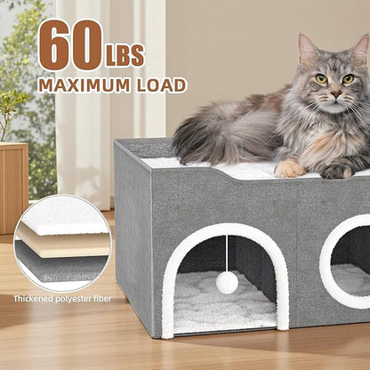 All-in-1 Extra-Wide Cat House for Indoor, Multi Cats Puppy Family, Large Cat Cave for Pet House with Fluffy Ball Hanging and Scratch Pad, Foldable Dog Hideaway, 35.4x19.6x13.3 inches, Grey