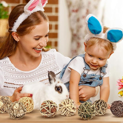 VESPRO Bunny Chew Grass Balls, (8 Pcs) Rolling Chew Toys for Small Animals, Natural Chew Grass Toys and Bunny Treats for Rabbits, Guinea Pigs, Chinchillas, Hamsters, Mice Teeth Grinding