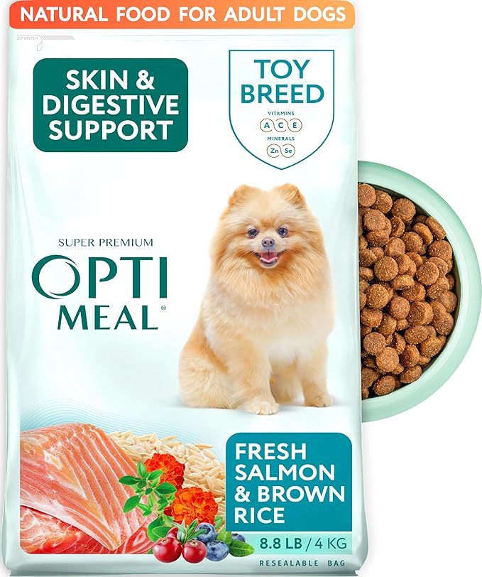 Optimeal Toy Breed Dry Dog Food  Small Kibble for Small Dogs, High Protein, Natural Ingredients, Skin & Digestive Support, Premium Nutrition  Salmon & Brown Rice, 8.8 lbs