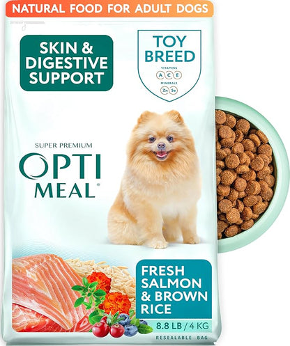Optimeal Toy Breed Dry Dog Food  Small Kibble for Small Dogs, High Protein, Natural Ingredients, Skin & Digestive Support, Premium Nutrition  Salmon & Brown Rice, 8.8 lbs