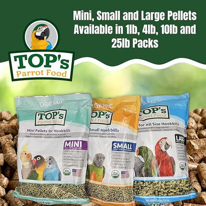 TOP's Parrot Food Mini Pellets Bird Food for Budgies, Cockatiels, Parrotlets, Lovebirds, Parakeets - USDA Certified Organic - 25 lbs