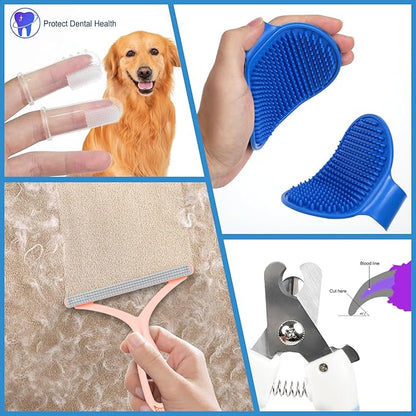 9 Pcs Dog and Cat Grooming Kit, Self-Cleaning Depilatory Comb, Finger Toothbrush and Bath Brush, Complete Pet Care Tool Kit for Long and Short Hair Dogs and Cats, for Clean Teeth and Skin