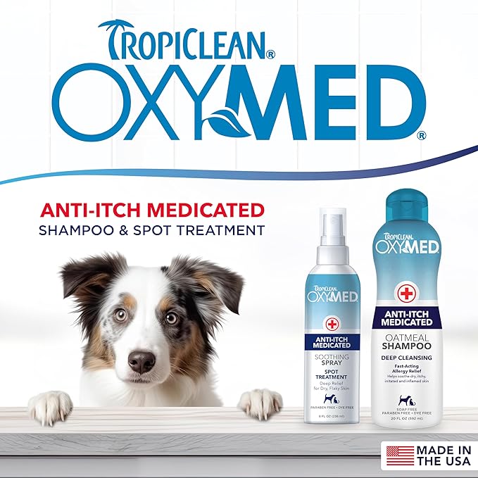 TropiClean Oxymed Cat & Dog Medicated Shampoo for Itchy Skin and Oxymed Medicated Itch Relief Spray Set, Skin Soothing Oatmeal Shampoo for Dogs & Cats | Set of 2