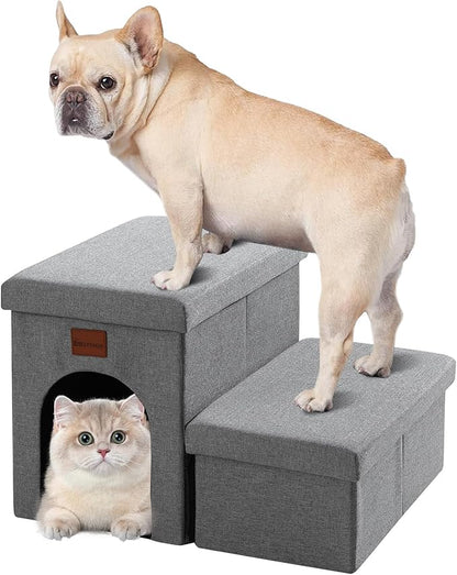 JOLLYVOGUE Dog Steps for Small Dogs, Cat Stairs with Storage, Non-Slip Dog Steps for Beds Couches, Folding Pet Stairs Helper for High Beds, Dog Ramp for Small Dogs and Cats or Pets Friendly, 2-Tiers