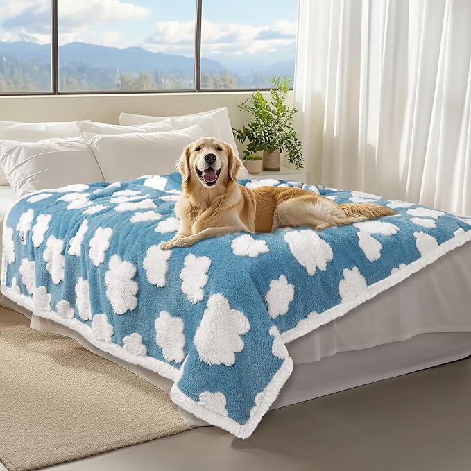 Luciphia Waterproof Pet Blanket for Medium Large Dogs Washable Fluffy Thick Jacquard Shag Fleece Warm Sherpa 3D Textured Flower Print for Cats Puppy Couch Protection (Blue Cloud,85x57 inches)