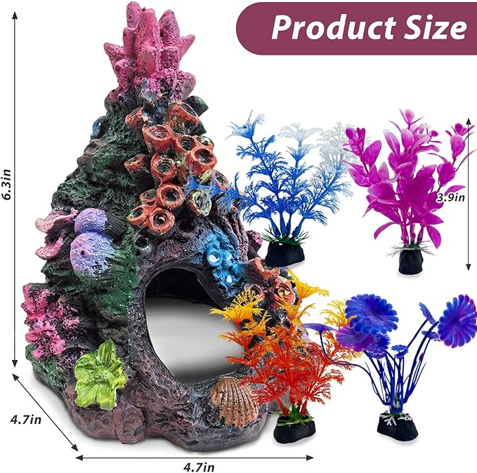 PINVNBY 5 PCS Colorful Coral Fish Tank Decorations, Resin Mountain Ornament and Artificial Plastic Plant for Goldfish Betta Fish Cave Hideout Sleep Rest Play Breed