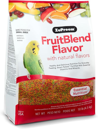 ZuPreem FruitBlend Bird Food, Bird Feed Pellets for Parakeets, Budgies, Parrotlets & Doves, ZuPreem Core Nutrition with Natural Fruit, Parakeet Food, Budgie Feed, Made in USA, (Small, 10 lb Bag)