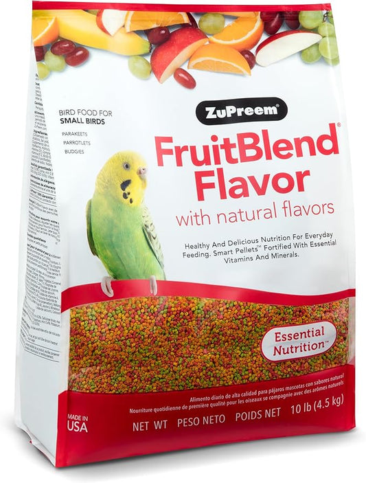 ZuPreem FruitBlend Bird Food, Bird Feed Pellets for Parakeets, Budgies, Parrotlets & Doves, ZuPreem Core Nutrition with Natural Fruit, Parakeet Food, Budgie Feed, Made in USA, (Small, 10 lb Bag)