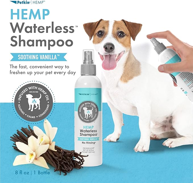 Petkin Hemp Waterless Dog Shampoo Spray  with Hemp Oil & Soothing Vanilla Extract, 8 fl oz  for Cats and Dogs  Soothes, Calms & Conditions, Keeps Pet Smelling Great  for Home and Travel