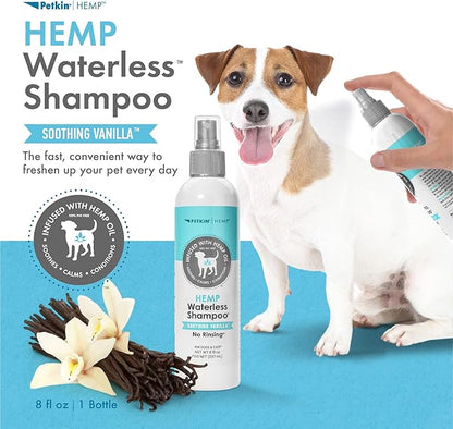 Petkin Hemp Waterless Dog Shampoo Spray  with Hemp Oil & Soothing Vanilla Extract, 8 fl oz  for Cats and Dogs  Soothes, Calms & Conditions, Keeps Pet Smelling Great  for Home and Travel