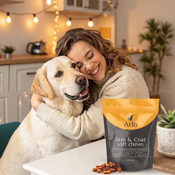 Arlo Pet Supplies Skin and Coat Supplement for Dogs, 60 Soft Chews, Omega 3 Fatty Acids, DHA, Vitamins E and C, Restore Soft, Shiny Hair and Diminish Irritation, Made in USA