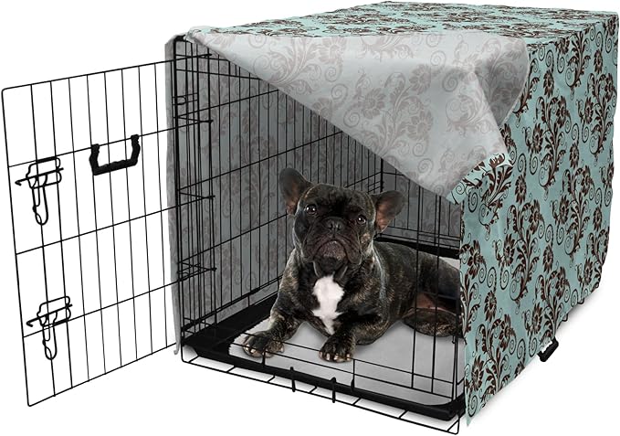 Ambesonne Art Nouveau Dog Crate Cover, Vintage Swirls Vibrant Foliage Damask Style Classic Renaissance, Easy to Use Pet Kennel Cover for Cats & Medium Dogs, 24 Inch, Seal Brown and Pale Blue