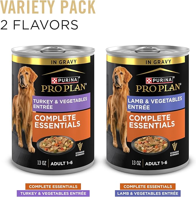 Purina Pro Plan Complete Essentials Wet Dog Food, Lamb and Vegetables and Turkey and Vegetables in Gravy Variety Pack - (Pack of 12) 13 oz. Cans