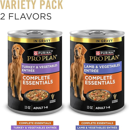 Purina Pro Plan Complete Essentials Wet Dog Food, Lamb and Vegetables and Turkey and Vegetables in Gravy Variety Pack - (Pack of 12) 13 oz. Cans