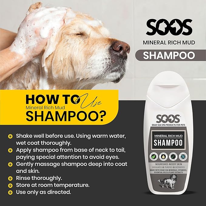 Soos Pet Dog Shampoo for Cats and Pets Mineral Rich Mud Natural Dead Sea Cruelty Free Fast Absorbing Skin Cooling First Aid Antib-acterial and Antif-ungal Odor Remover - 1x 250ml