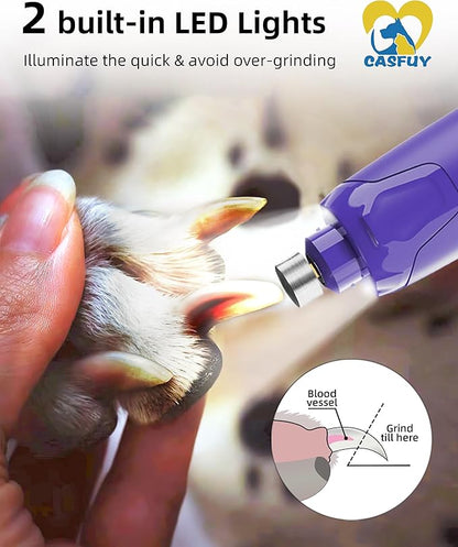 Casfuy Dog Nail Grinder Quiet - (45db) 6-Speed Pet Nail Grinder with 2 LED Lights for Large Medium Small Puppy Dogs/Cats, Professional 3 Ports Rechargeable Electric Dog Nail Trimmer with Dust Cap