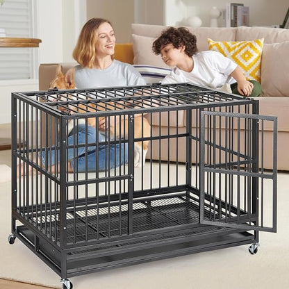 48  Heavy Duty Dog Crate, Cage Kennel with Wheels&Brakes, High Anxiety Indestructible, Sturdy Locks Design, Double Door and Removable Tray, for Large Pets