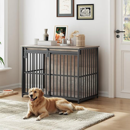 HOOBRO Dog Crate Furniture, 36.6" Heavy Duty Dog Kennel with Sliding Barn Door, Decorative Dog Crate Indoor, End Side Table for Small/Medium Dog, Greige and Black BG162GW03G1