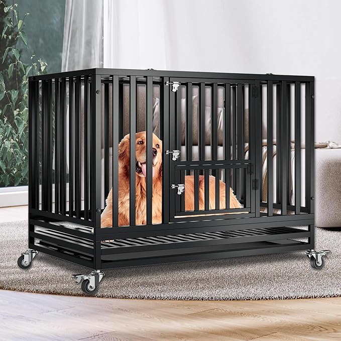47" Heavy Duty Dog Crate,Indestructible Large Dog Cage,Escape Proof Dog Crate Dog Kennel,Two-Door Design with Wheels and Dog Crate Tray,Suitable for High Anxiety,Black