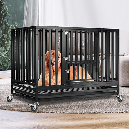 47" Heavy Duty Dog Crate,Indestructible Large Dog Cage,Escape Proof Dog Crate Dog Kennel,Two-Door Design with Wheels and Dog Crate Tray,Suitable for High Anxiety,Black