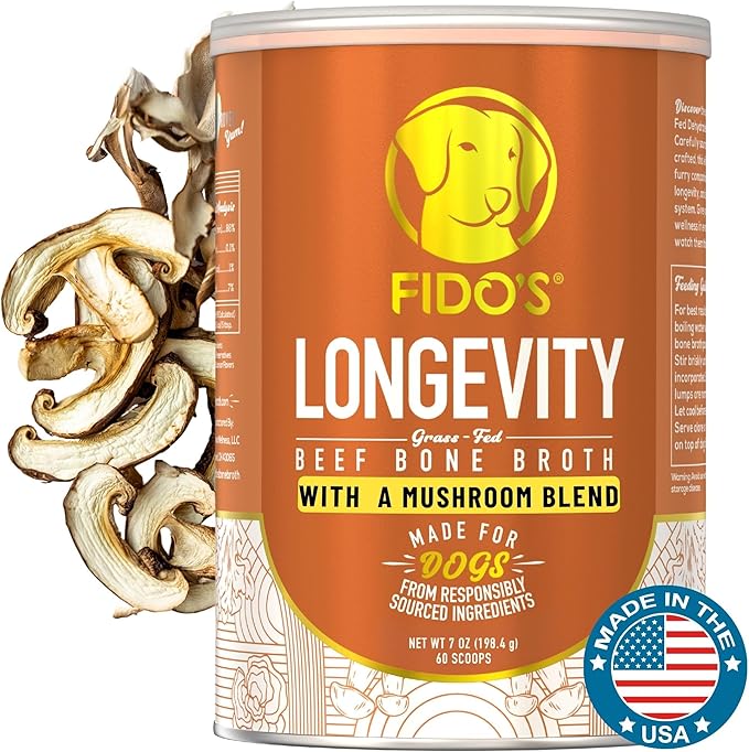 Fido's Longevity Bone Broth for Dogs - Turkey Tail + Maitake Mushroom - Grass-Fed Beef Bone Broth Powder - Dog Immune Support - Mushroom Supplement for Dogs - Dog Food Topper for Dry Food - 60 Scoops
