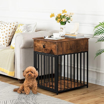 HOOBRO Dog Crate Furniture, Wooden Dog House, Decorative Dog Kennel with Drawer, Indoor Pet Crate End Table for Small Dog, Steel-Tube Puppy Cage, Chew-Proof, Rustic Brown and Black BF01GW03