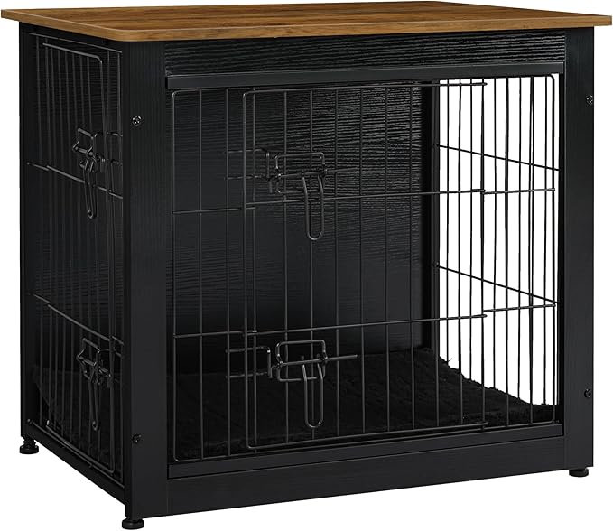 DWANTON Dog Crate Furniture with Cushion, Wooden Dog Crate with Double Doors, Dog Furniture, Dog Kennel Indoor for Small Dogï¼_nd Table, 27.2" L, Black+Warm Brown