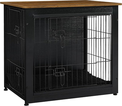 DWANTON Dog Crate Furniture with Cushion, Wooden Dog Crate with Double Doors, Dog Furniture, Dog Kennel Indoor for Small Dogï¼_nd Table, 27.2" L, Black+Warm Brown