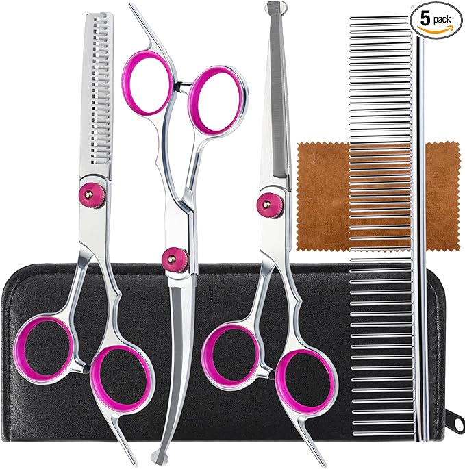 5 in 1 Premium Dog Grooming Scissors, Professional Dog Scissors for Grooming with Safety Round Tips, Lengnoyp Stainless Steel Thinning Shears, Dog Pet Cat Shears for Grooming Kit, Pink