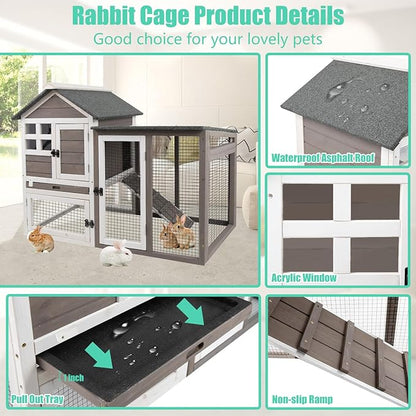 48" L Rabbit Hutch Indoor Outdoor Rabbit Cage with Run, Pull Out Tray, Asphalt Roof Large 2 Story Bunny Hutch Wooden Chicken Coop Guinea Pigs Pet House Cage for Small Animals(Grey)