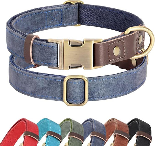 Didog Soft Padded Leather Dog Collars for Medium Dogs, Classic Heavy Duty Dog Collars with Quick Release Metal Buckle, Adjustable Medium Dog Collar Leather,Blue,M