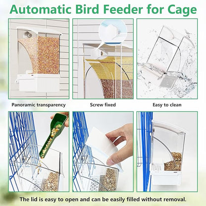 Hamiledyi Automatic Bird Feeder No Mess Bird Cage Feeder Transparent Acrylic Parrot Seed Food Container with Perch Cage Accessories for Parakeet Finch Lovebirds Budgies Canary (White)