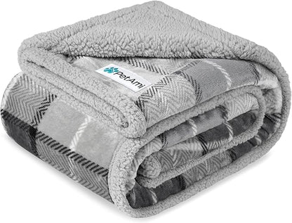 PetAmi Waterproof Dog Blanket for Medium Large Dog Puppy Cat Throw for Couch Cover Leakproof Protection, Sherpa Fleece, Reversible Soft Washable 60x40 Plaid Light Gray