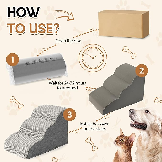 Romrol Dog Stairs Ramp for Beds Couches, Extra Wide Pet Steps with Durable Non-Slip Waterproof Fabric Cover, Pets Slope Stairs, 3-Tiers,Light-Grey