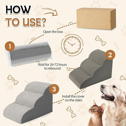 Romrol Dog Stairs Ramp for Beds Couches, Extra Wide Pet Steps with Durable Non-Slip Waterproof Fabric Cover, Pets Slope Stairs, 3-Tiers,Light-Grey