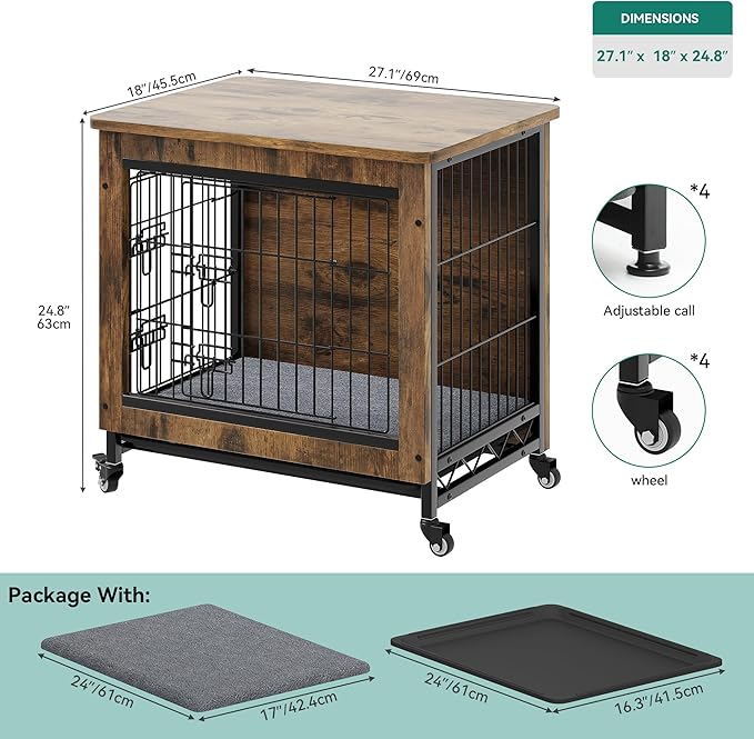 YITAHOME Dog Crate Furniture with Cushion, Dog Kennel Indoor with Wheels, 27" Dog Cage with Double Doors for Small Dog (Rustic Brown)