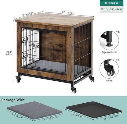 DWVO Dog Crate Furniture with Wheels, 27" Dog Kennel Indoor with Cushion, Dog Crate End Table with Tray, Dog Cage with Double Doors for Small Dog (Rustic Brown)