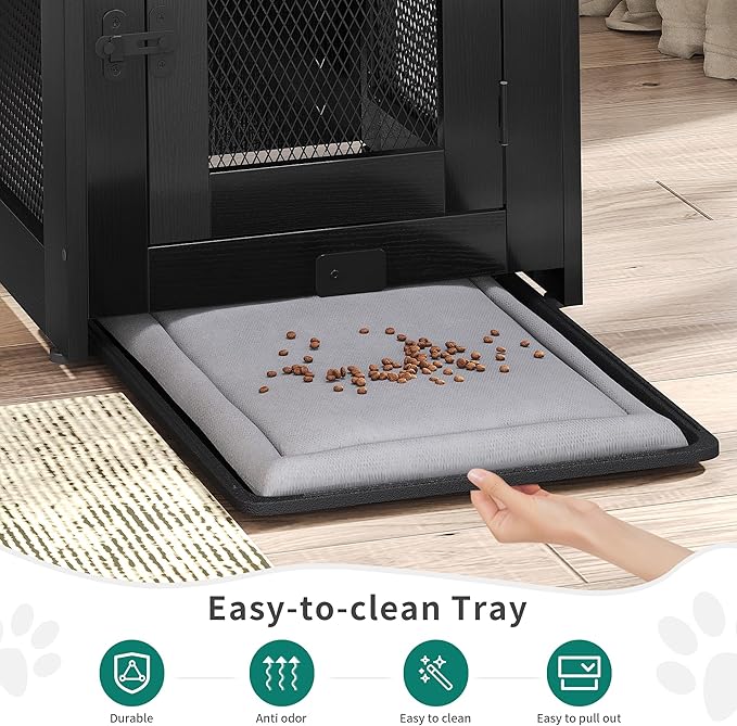 YITAHOME Dog Crate Furniture with Dual USB Charger, Wooden Dog Kennel End Table with Cushion Tray, Drawer for Small Dogs Under 25 lbs Indoor Use, Black
