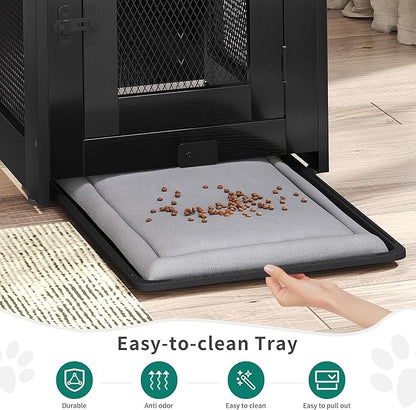 YITAHOME Dog Crate Furniture with Dual USB Charger, Wooden Dog Kennel End Table with Cushion Tray, Drawer for Small Dogs Under 25 lbs Indoor Use, Black